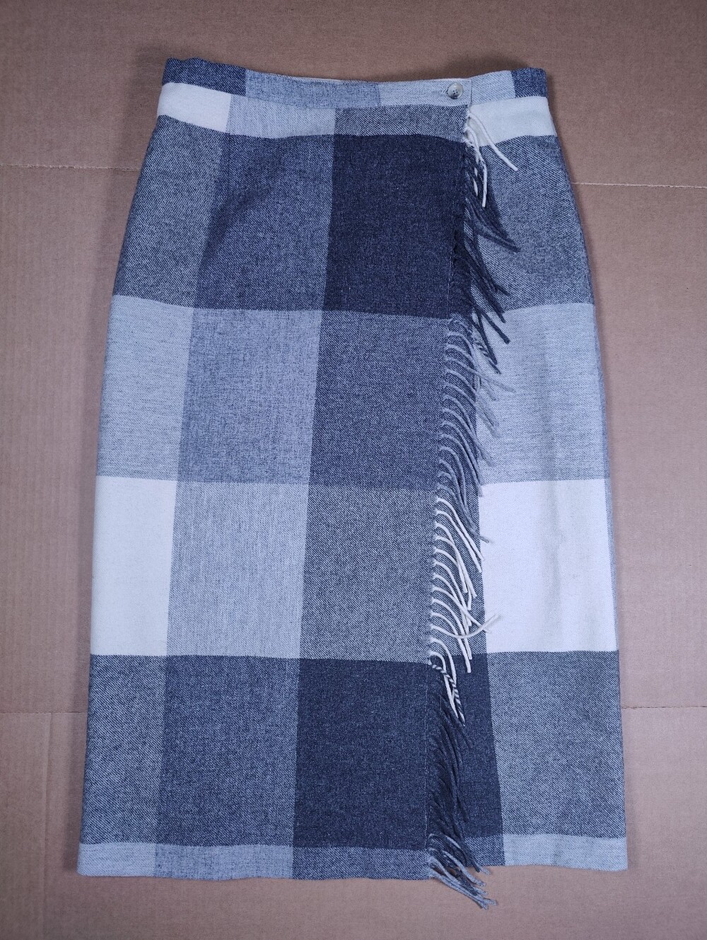 Vintage Pendleton Wrap 100% Wool Plaid Gray Fringe Maxi Skirt Sz 14 Made In USA